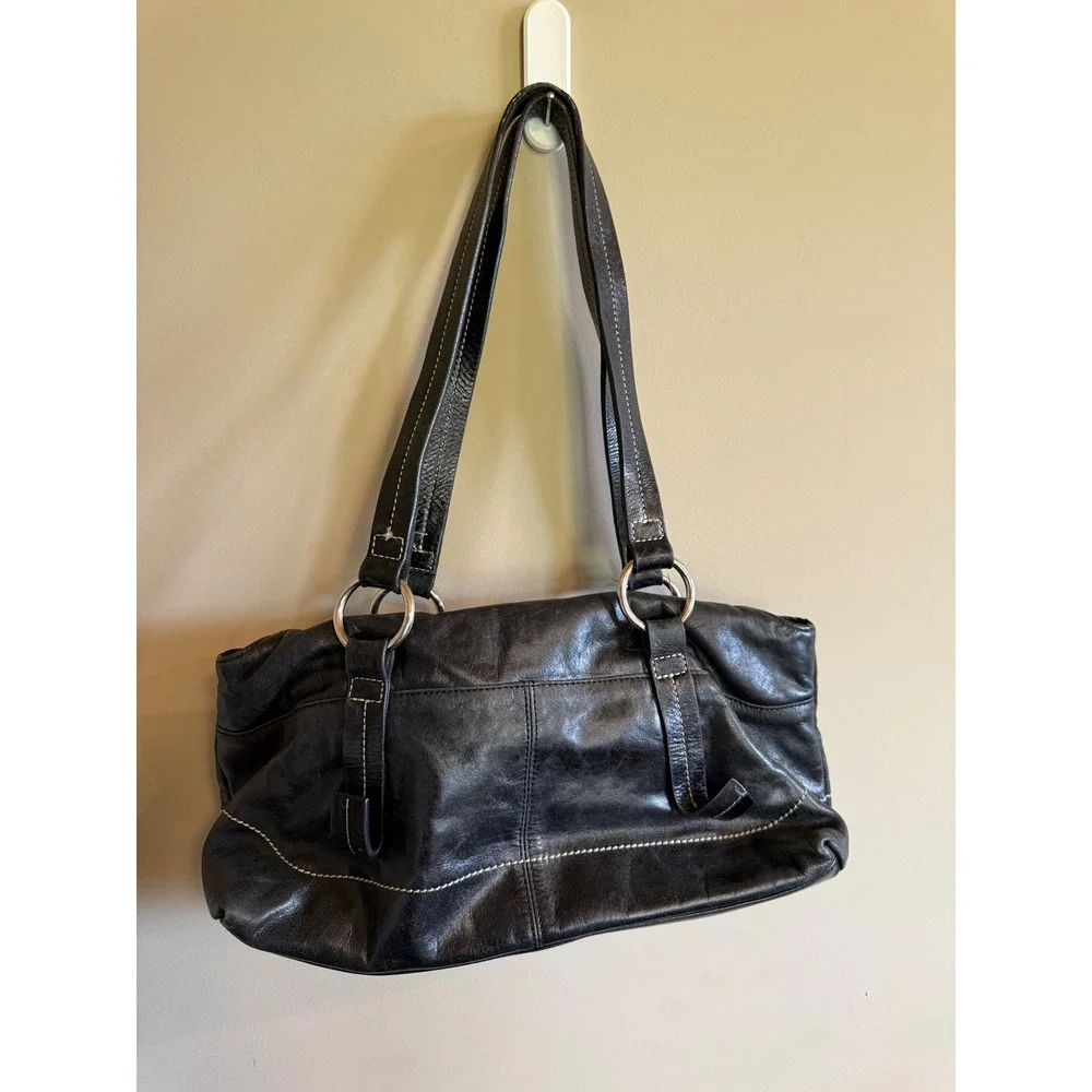 Kate Landry Black Leather Shoulder Bag Hobo Purse Silver‎ Ring Accents